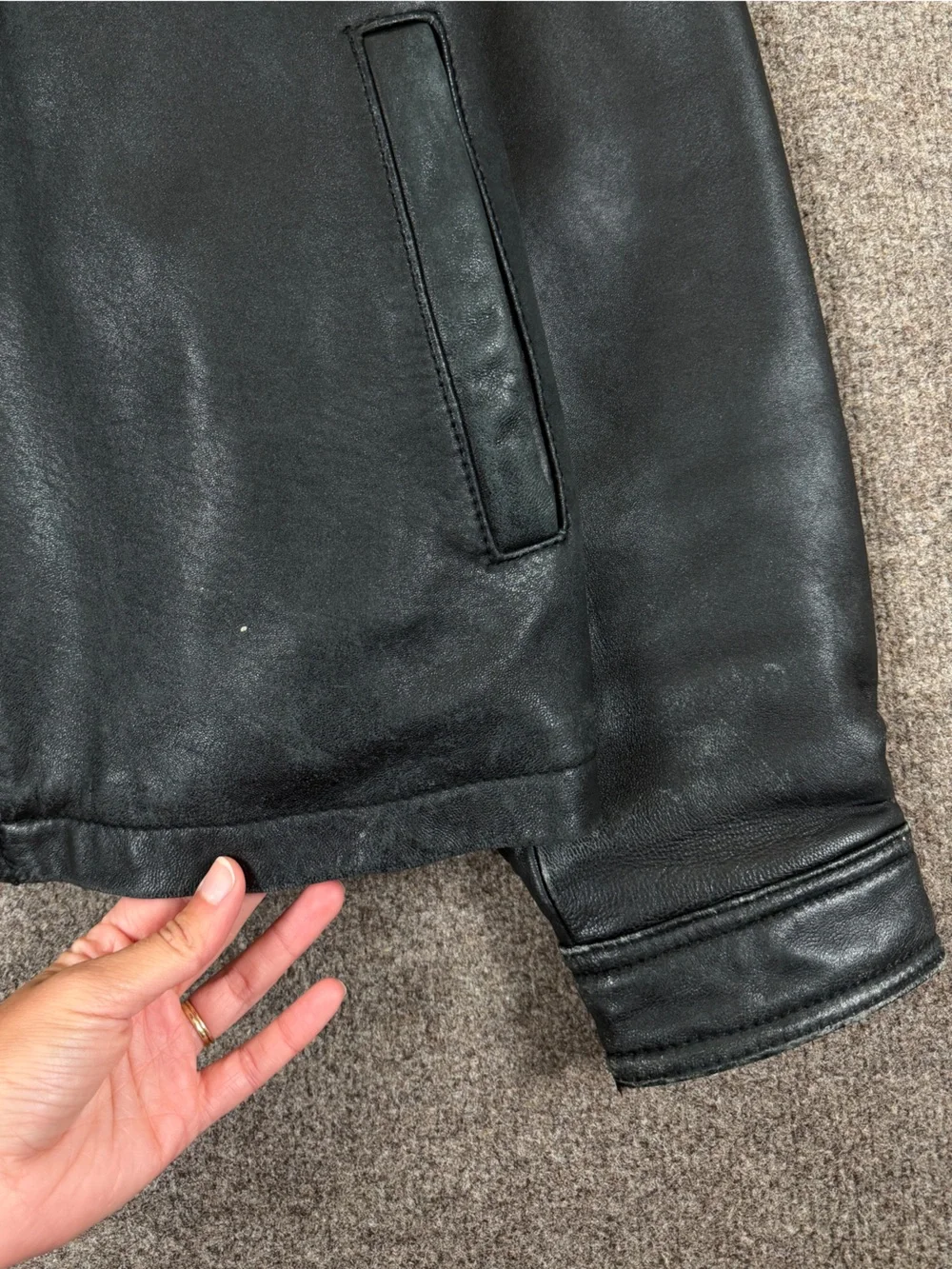 Vintage Black Genuine Leather Bomber Jacket Men’s L Full Zip James Dean 90s Y2K
